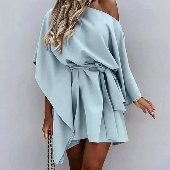 Dresses & Skirts - Baby Blue Casual Women's Solid Color Belted Bell Sleeve Dress